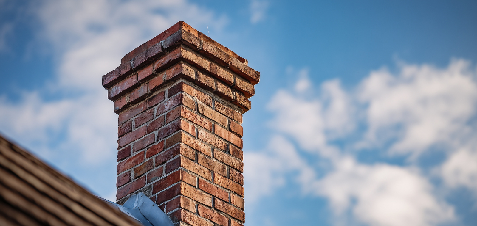 Chimney roofline intersection showing flashing detail — a common roof leak entry point in Massachusetts homes