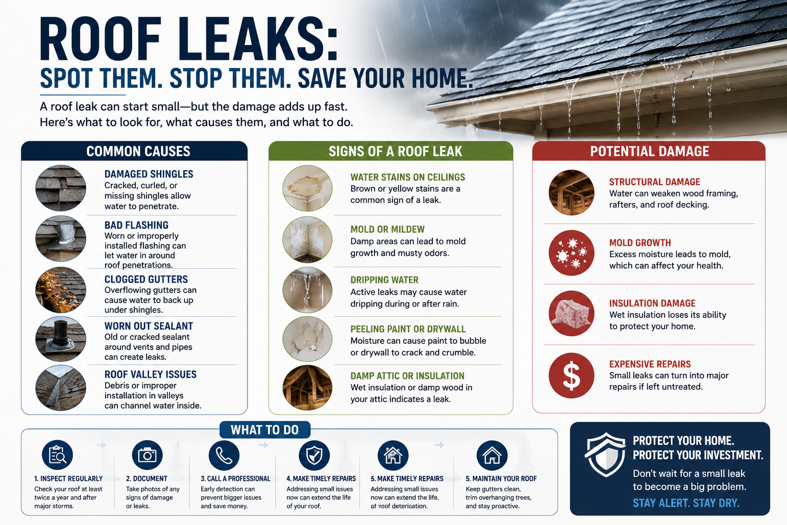 Roof leaks infographic — common causes, signs, damage, and what to do