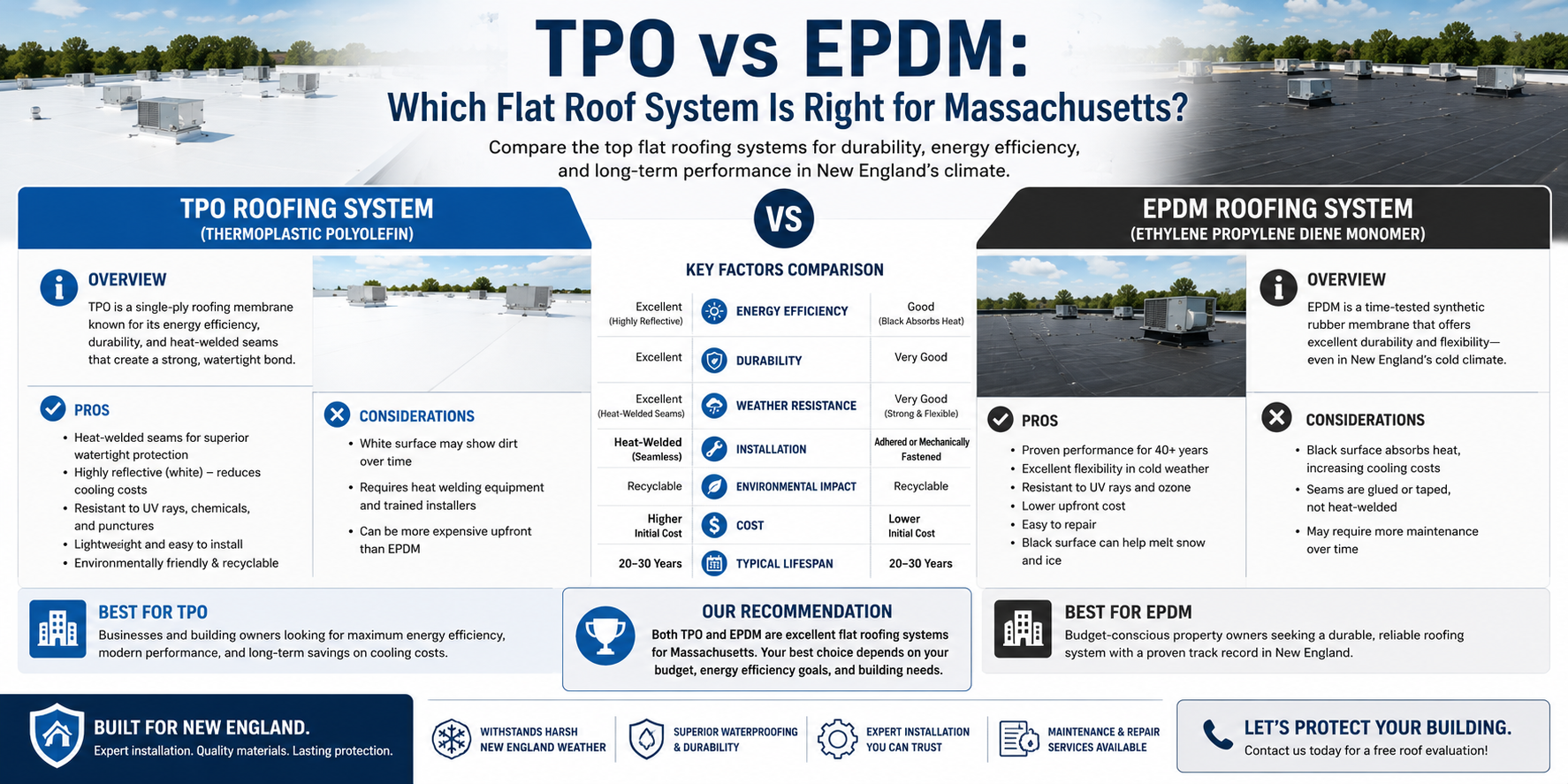 TPO vs EPDM flat roof systems comparison infographic for Massachusetts — durability, energy efficiency, cost, lifespan