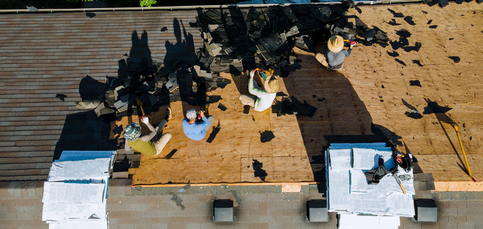 Aerial view of residential roof replacement project in Southeastern Massachusetts
