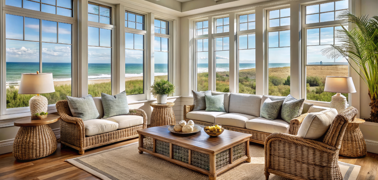 Casement windows on a coastal New England home with ocean view — ideal for capturing sea breezes