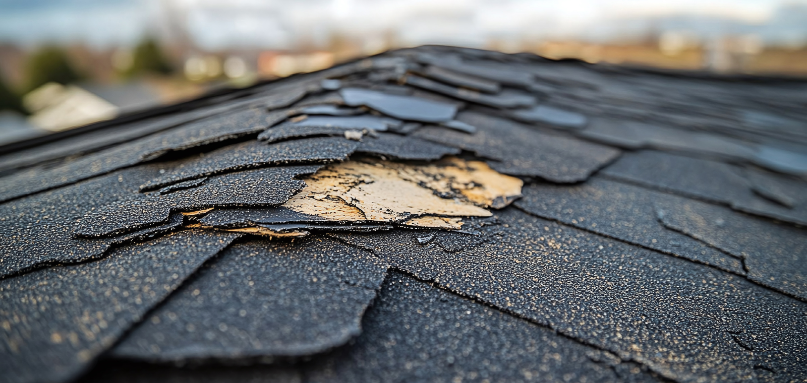 Close-up of hail damage and lifted shingles on a Massachusetts roof