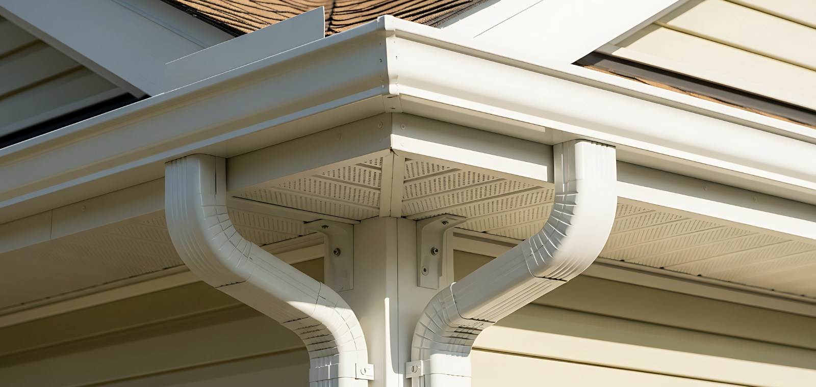 Close-up of seamless aluminum K-style gutter profile showing clean fabrication detail