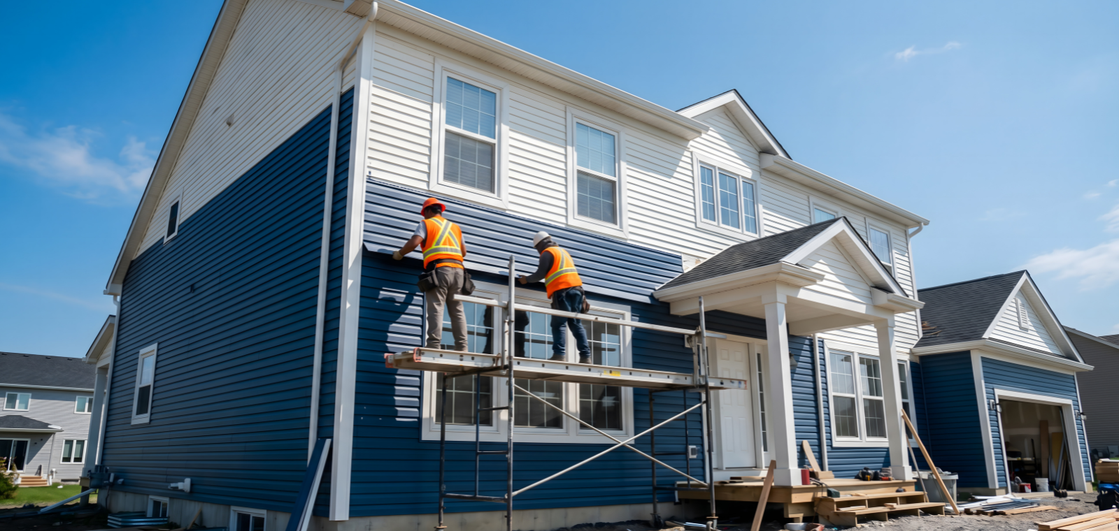 A-American crew installing vinyl siding panels on a Southeastern Massachusetts home