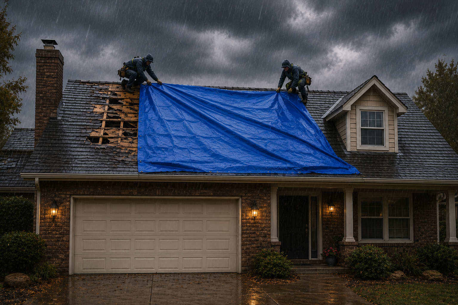 A-American crew performing emergency roof tarp and storm damage repair in Massachusetts