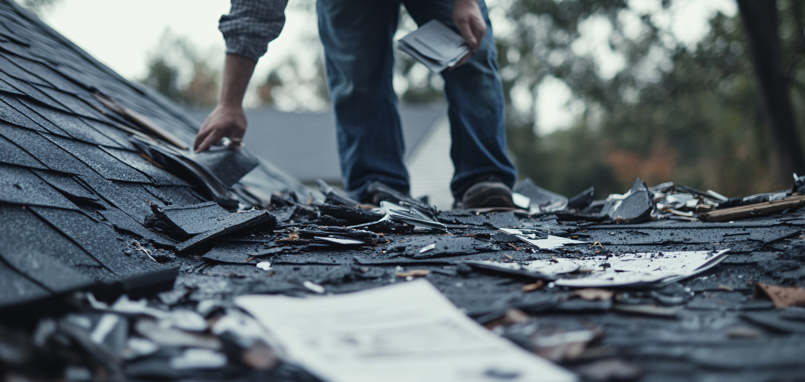 Storm damaged roof with missing shingles in Southeastern Massachusetts