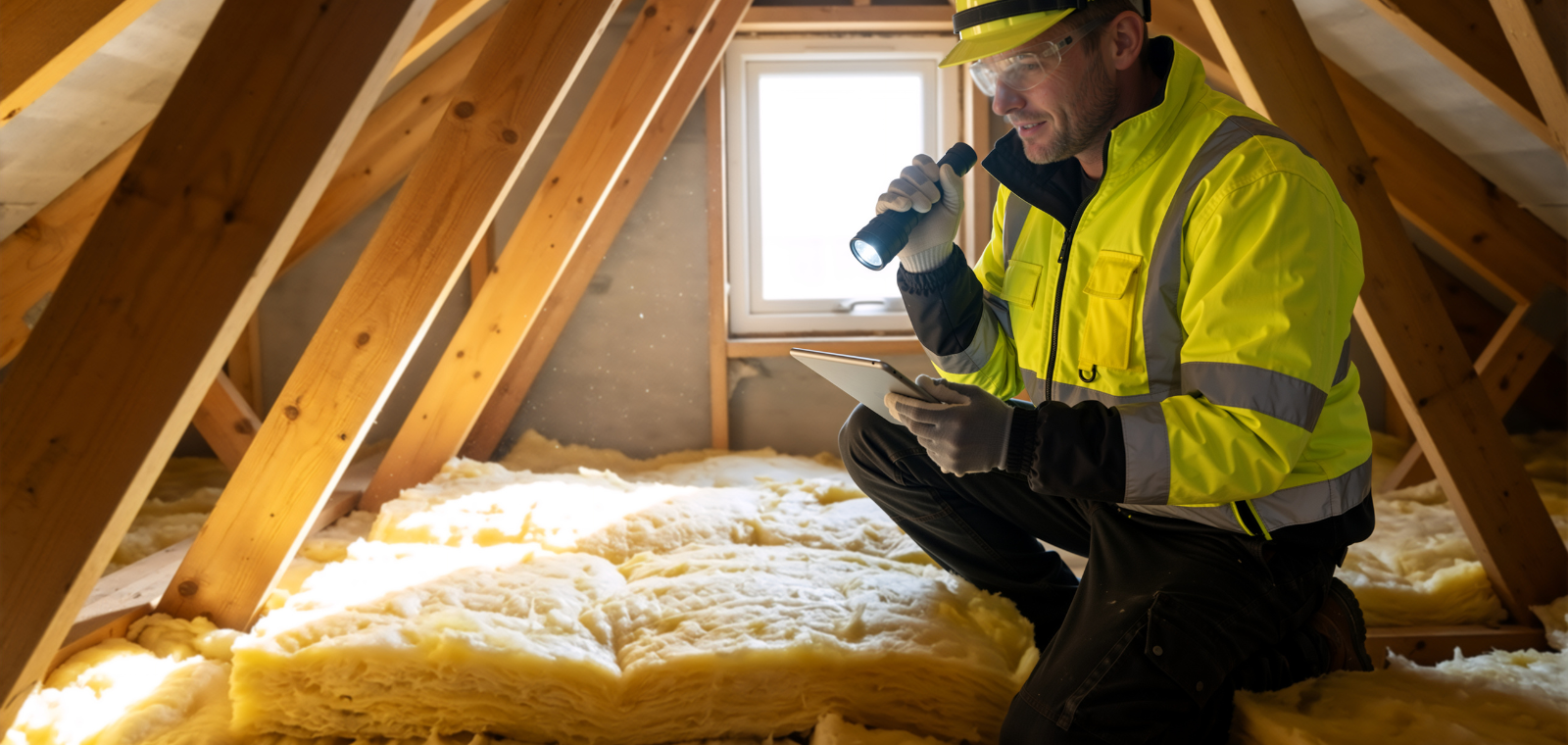 Home inspector checking attic insulation and moisture damage during roof inspection
