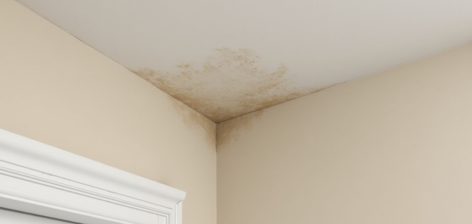 Interior ceiling water stain damage from a roof leak — common sign of active roof infiltration