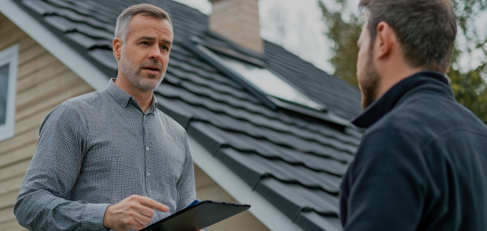 Real estate buyer and roofer reviewing roof inspection report before home purchase
