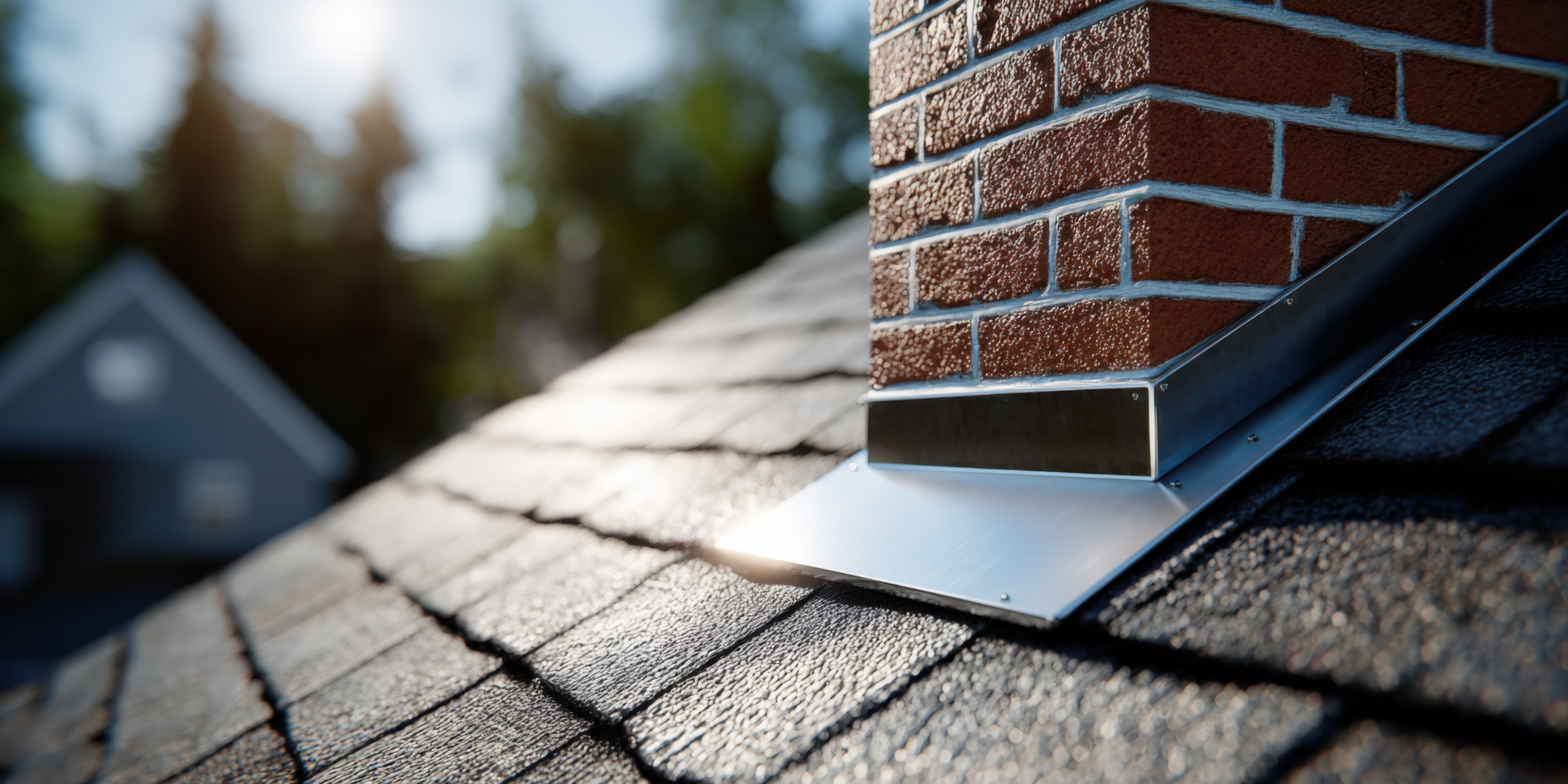 Close-up of shingle repair and flashing work on a Massachusetts residential roof