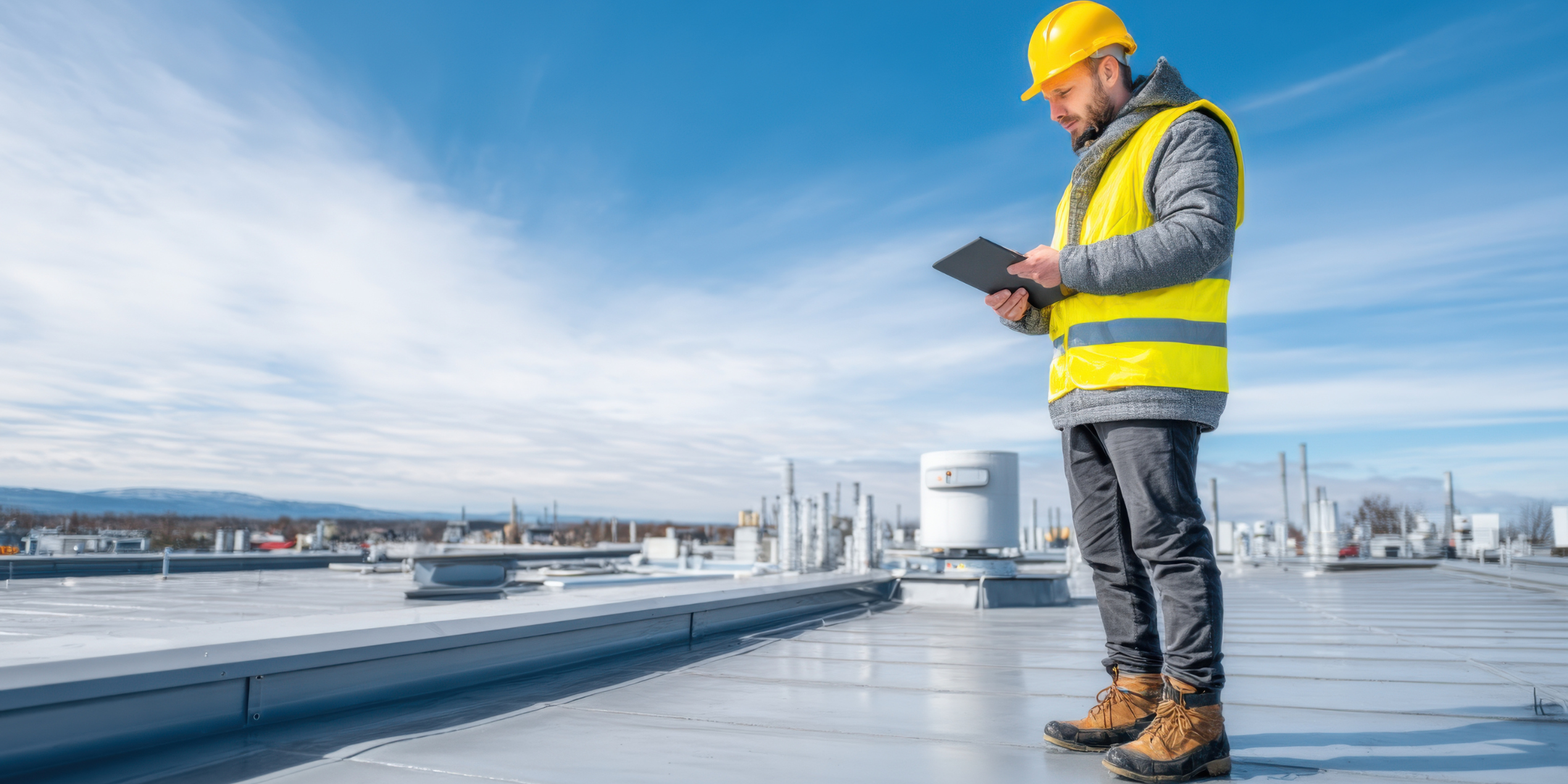 A-American contractor conducting commercial roof inspection on a Massachusetts commercial building
