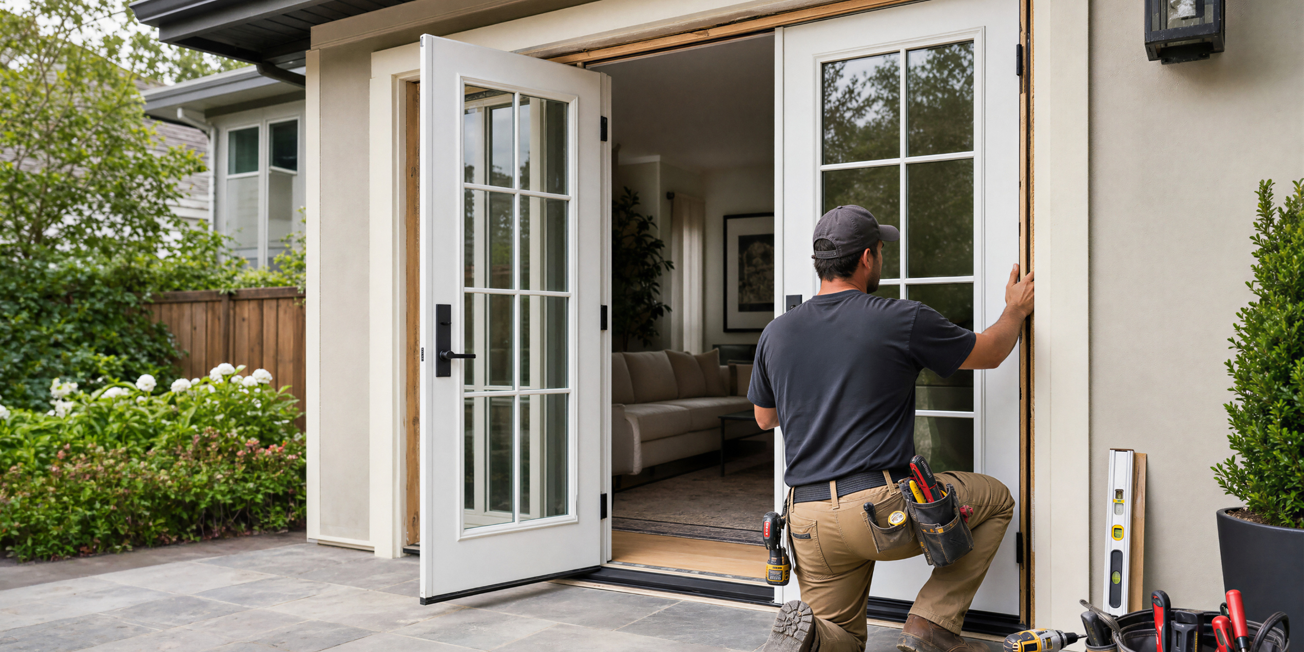 A-American contractor installing a replacement door on a Southeastern Massachusetts home