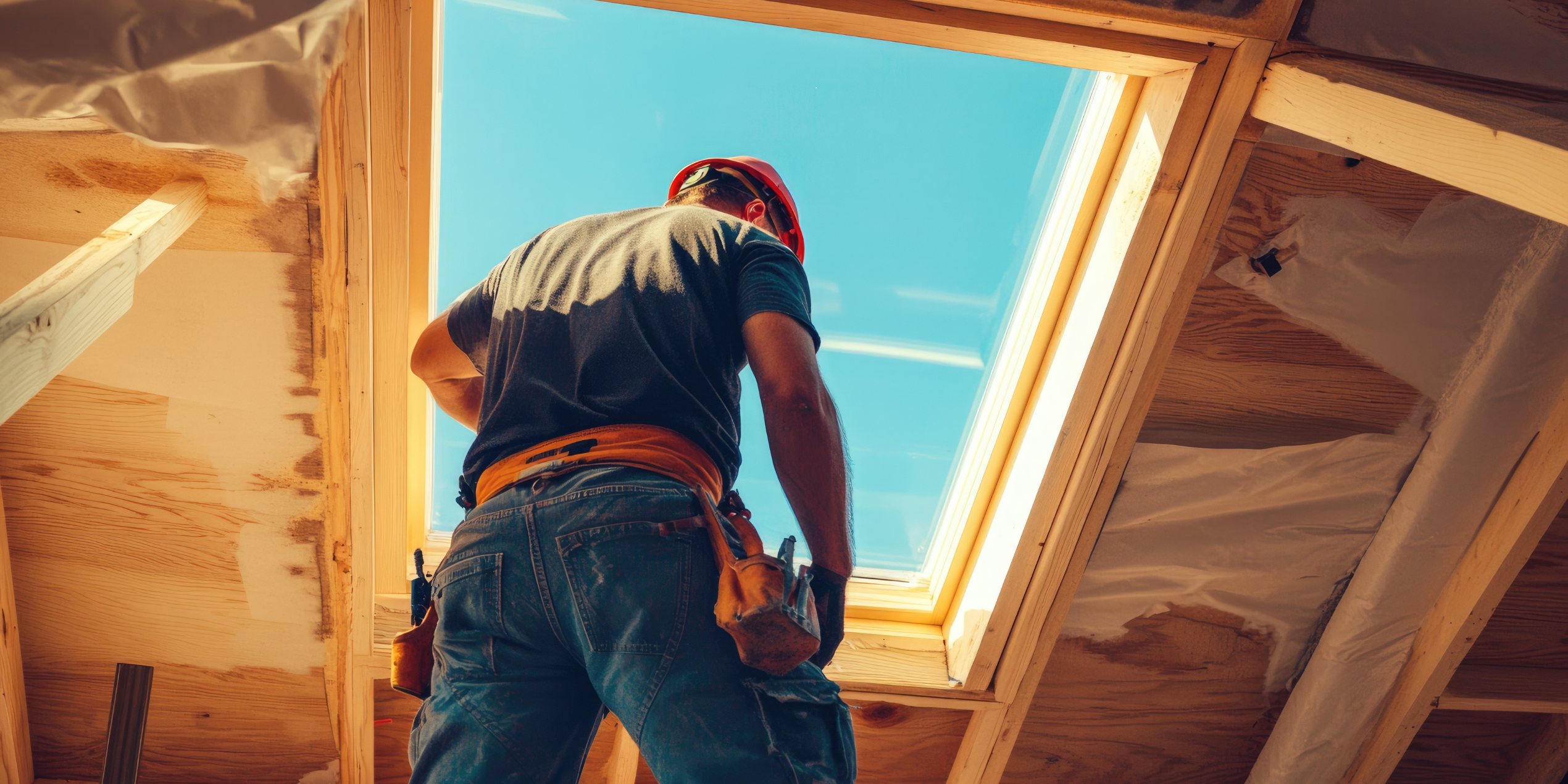 A-American roofer working on skylight flashing and seal repair on a Massachusetts home