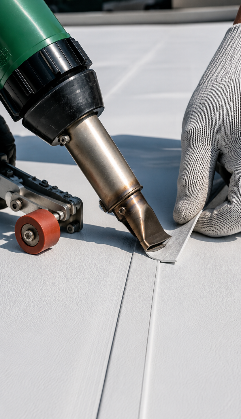Close-up of TPO membrane heat welding seam on a Massachusetts commercial building