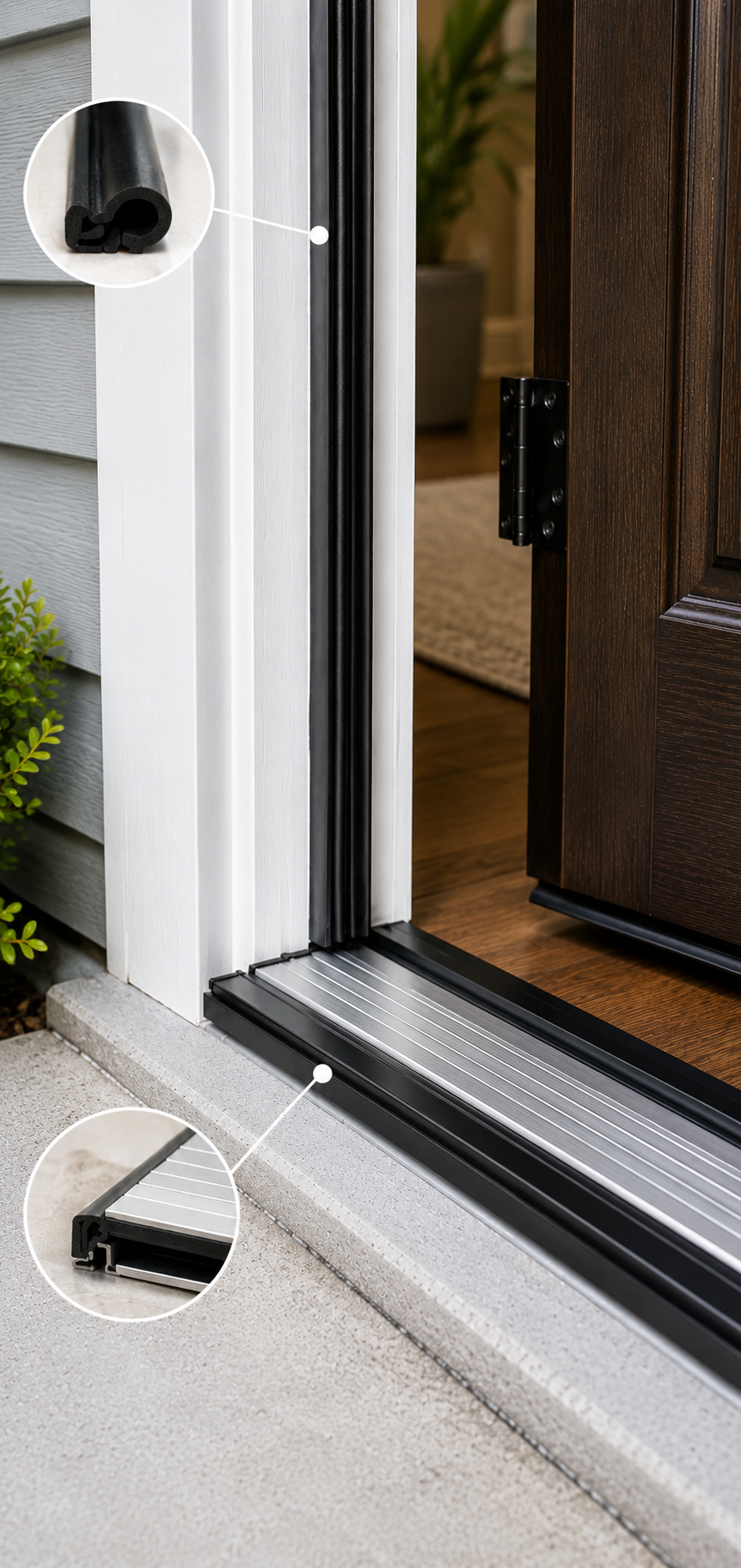 Close-up of fiberglass and steel door detail showing hardware and frame quality