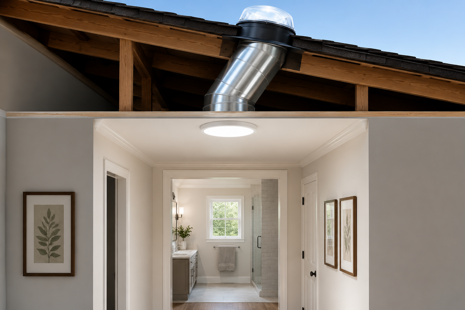 Tubular skylight installed in a hallway ceiling providing natural diffused light