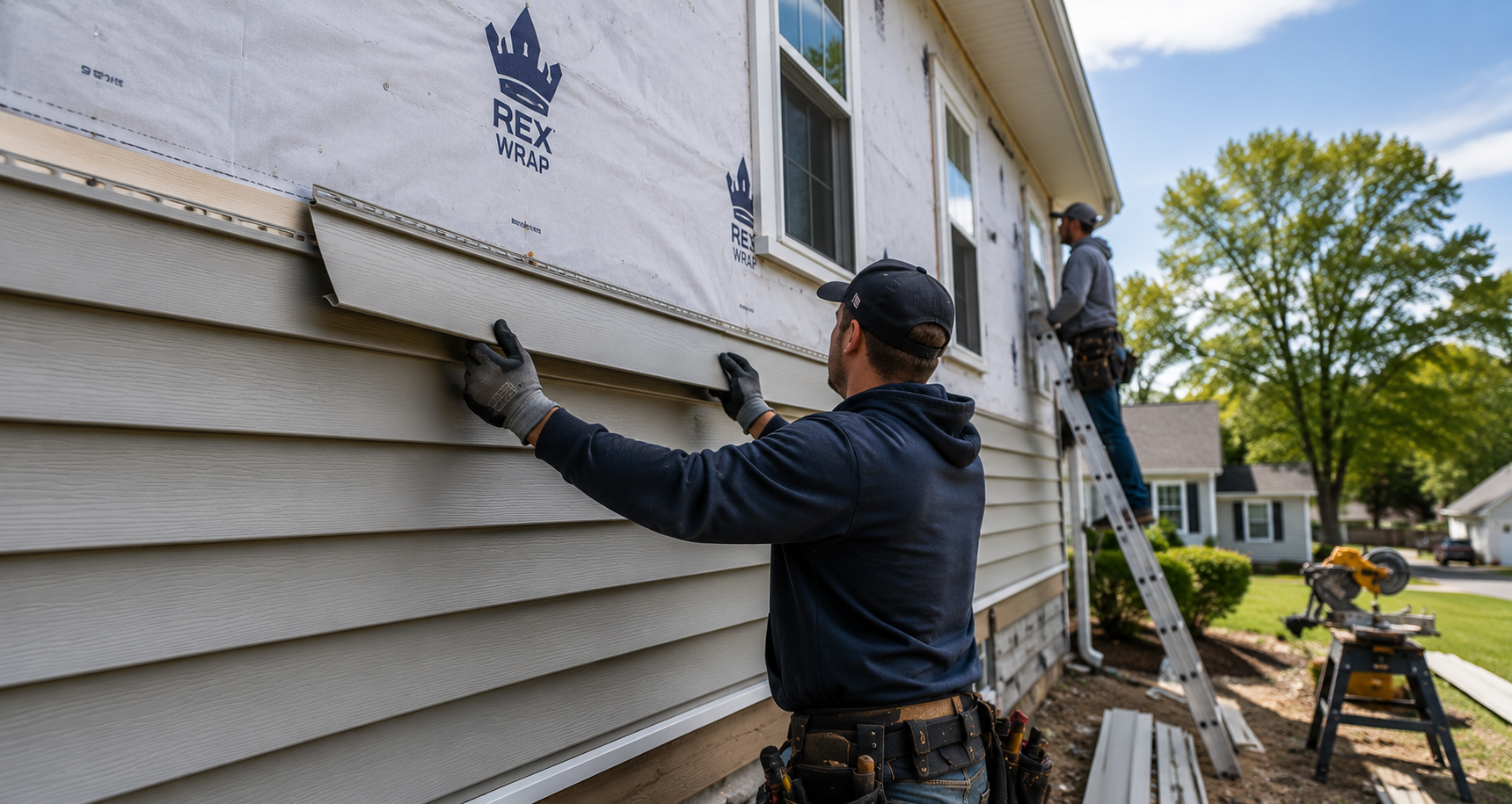 A-American contractor installing replacement siding on a Raynham MA home